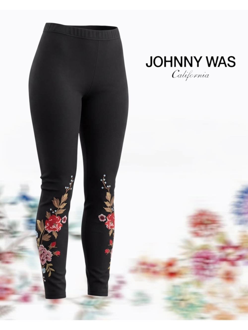 Johnny Was Embroidered Floral Knit Leggings Black Size Small NWOT